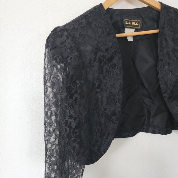 Vintage Cropped Lace Black Blazer Formal Goth 80s 90s Large - Picture 4 of 7